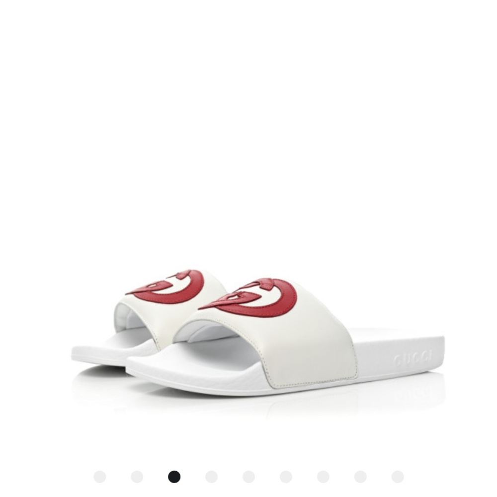 Gucci Nappa Miro Soft Calfskin Interlocking G Slide Sandals 37 White Red - Picture 3 of 7